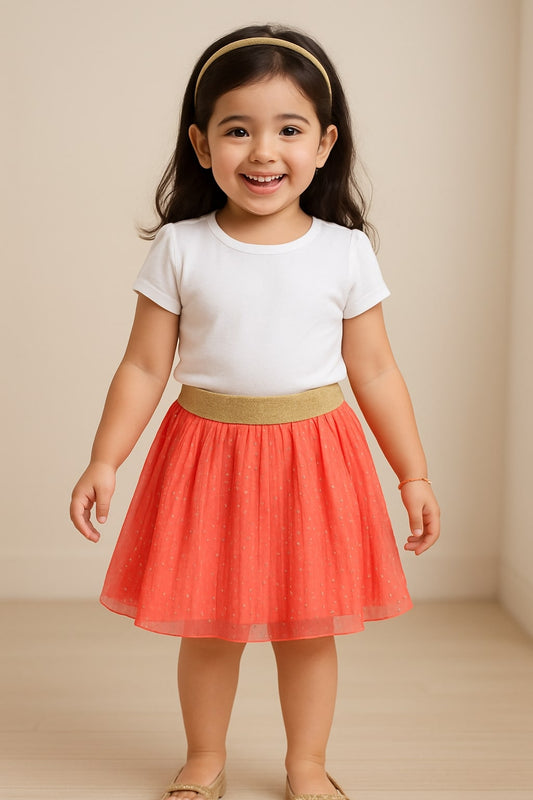 Coral girls flared skirt with gathered waist and pleated detailing