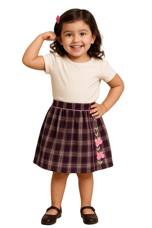 Red and black checked girls pleated skirt with flared hem