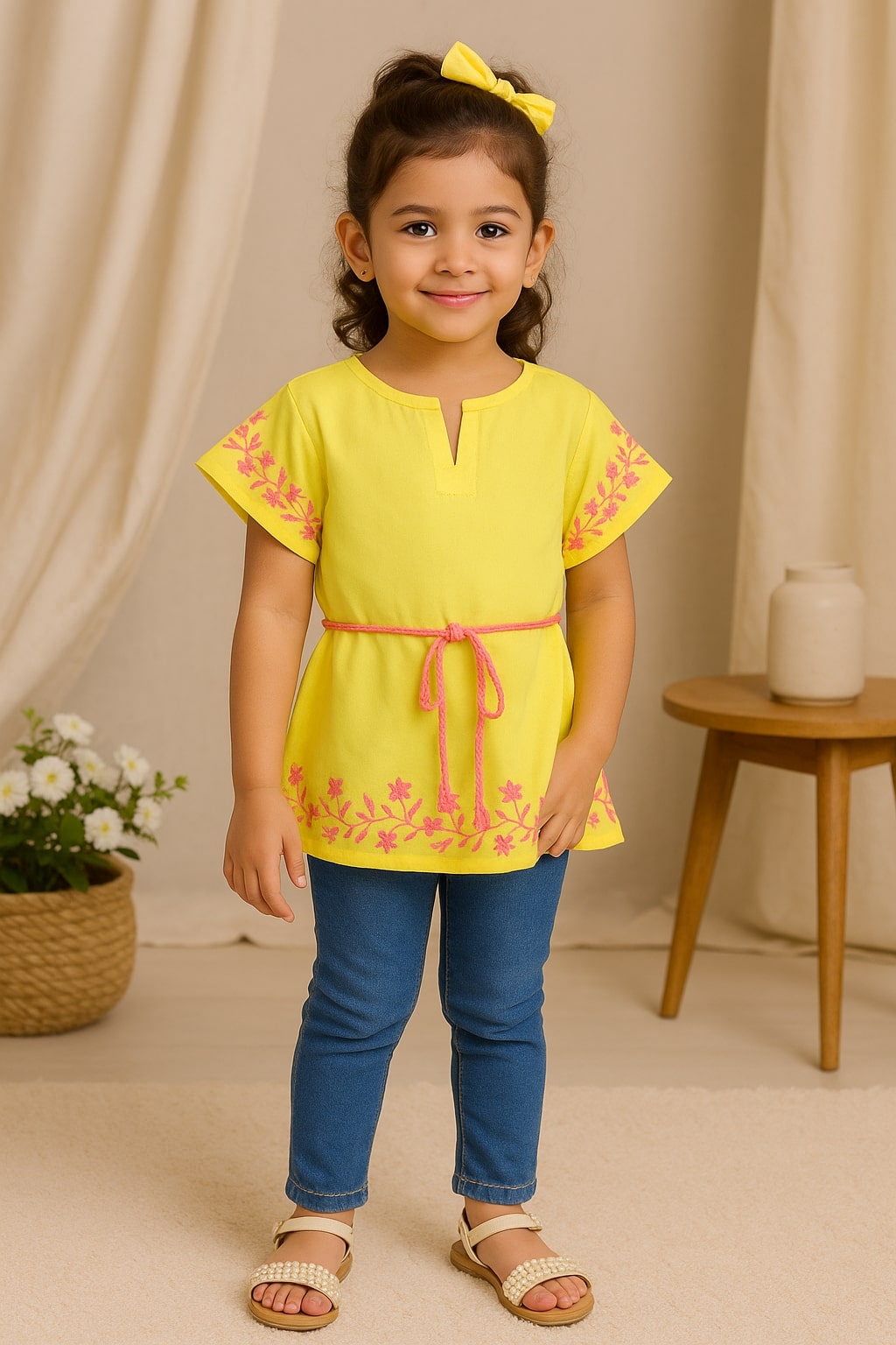 Neon yellow girls short sleeve top and shorts co-ord set with contrast pink detailing