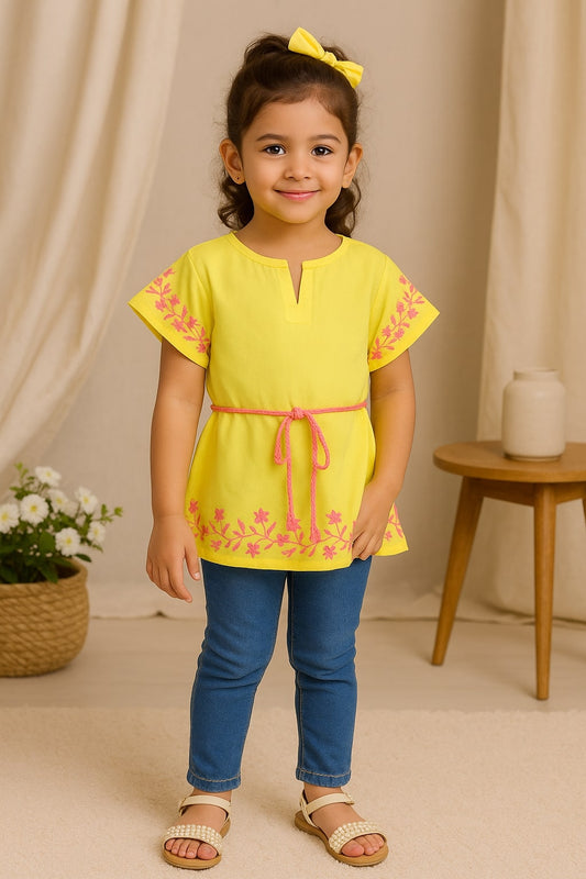 Neon yellow girls short sleeve top and shorts co-ord set with contrast pink detailing