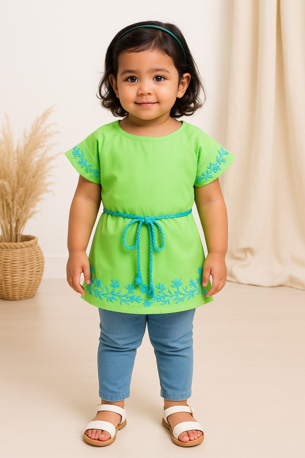 Green girls short sleeve romper with lace trim, drawstring waist and contrast detailing