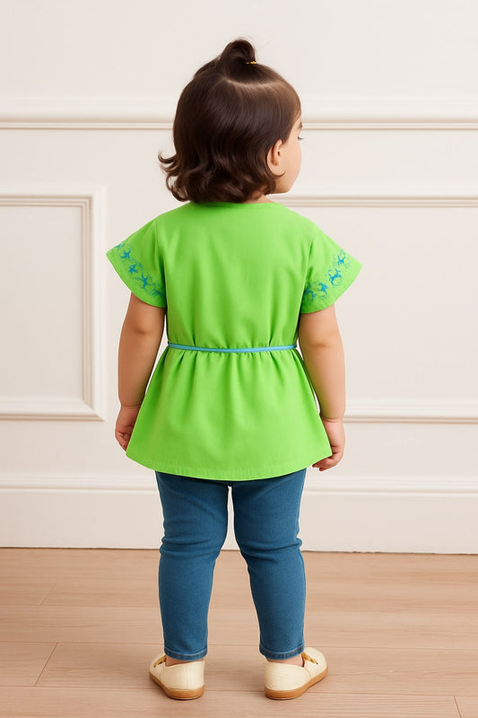 Green girls short sleeve romper with lace trim, drawstring waist and contrast detailing