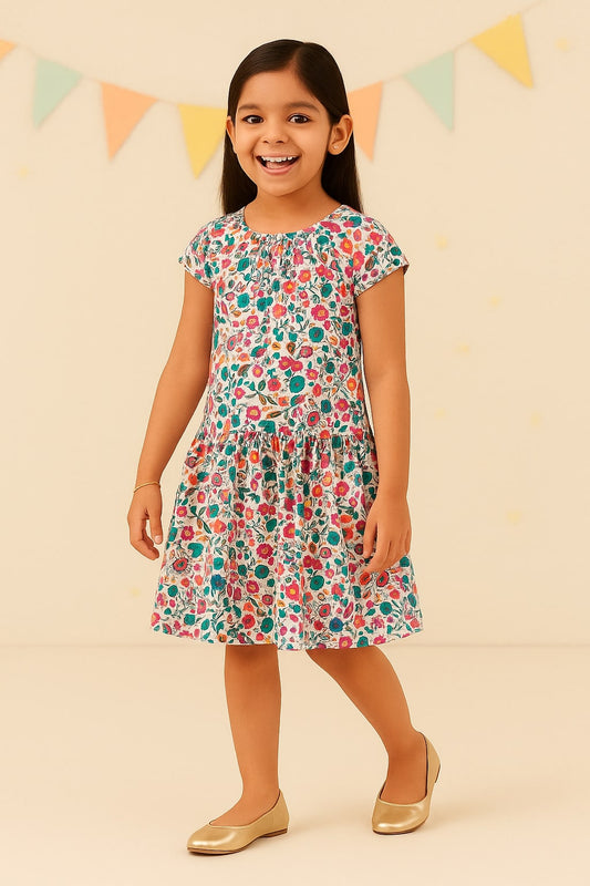 Multicolour floral printed girls sleeveless dress with gathered waist and flared skirt