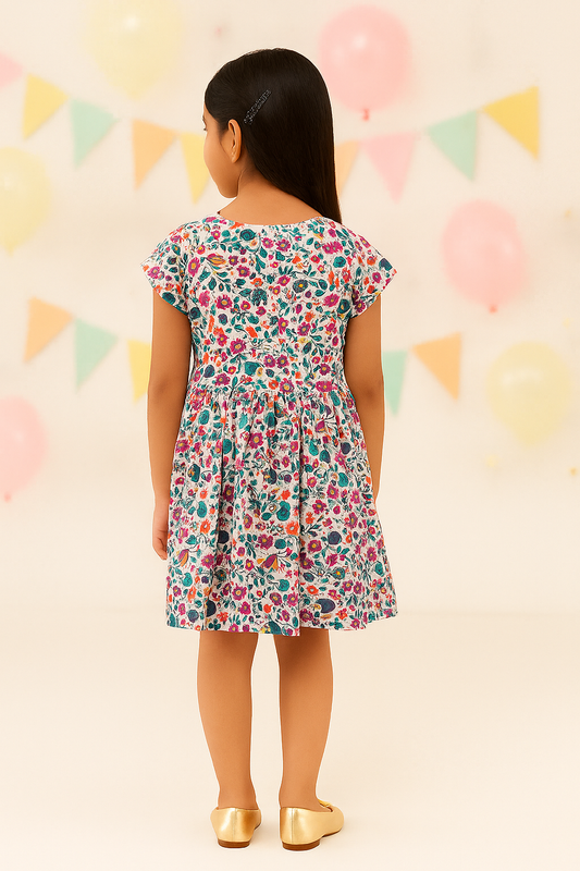 Multicolour floral printed girls sleeveless dress with gathered waist and flared skirt