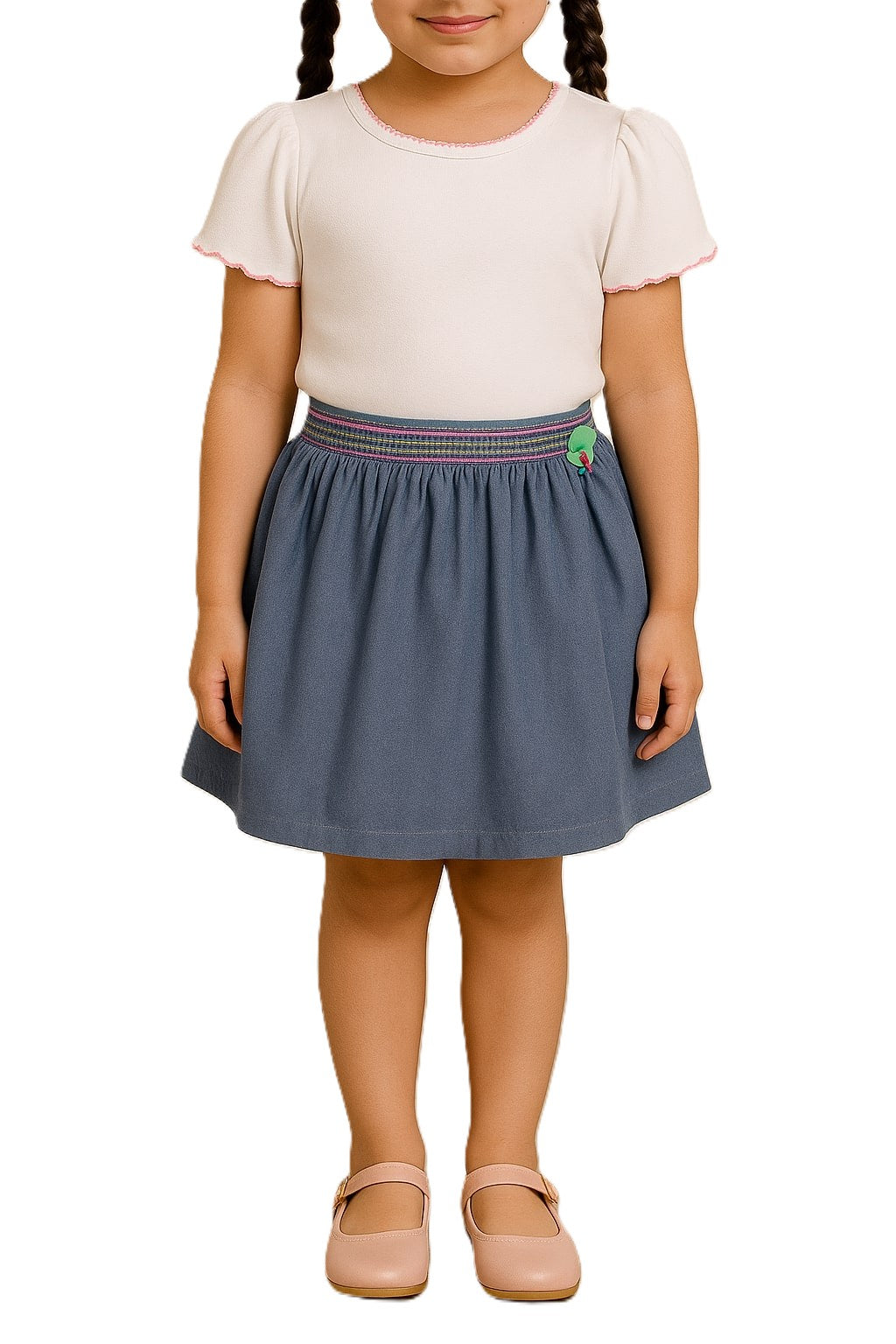 Blue girls gathered skirt with elasticated waist and flared hem
