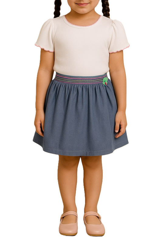 Blue girls gathered skirt with elasticated waist and flared hem