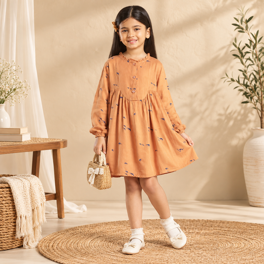 Girls Printed Ruffle Neck Dress