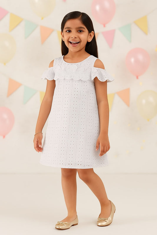 White girls sleeveless A-line dress with minimal detailing and flared hem