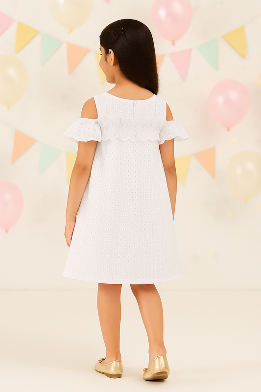 White girls sleeveless A-line dress with minimal detailing and flared hem