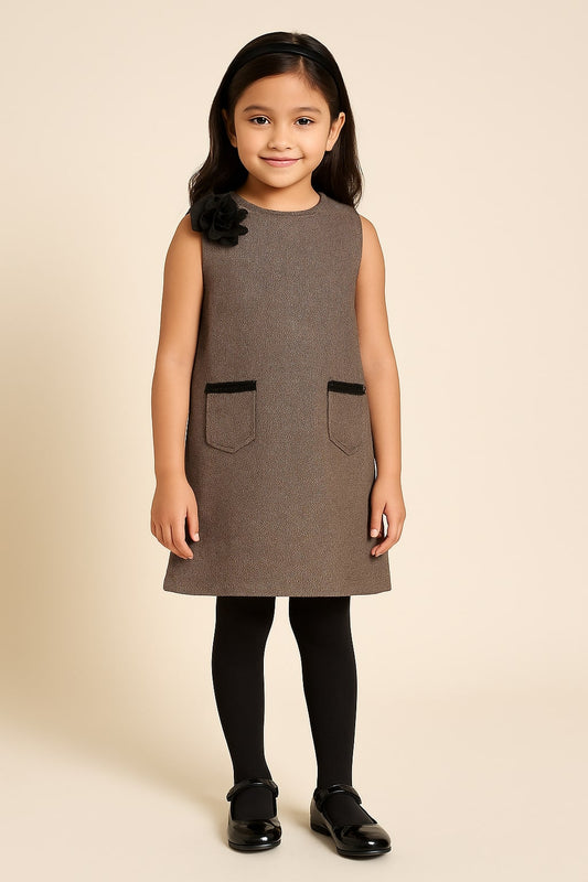 Brown checked girls sleeveless A-line dress with contrast collar and pleated design