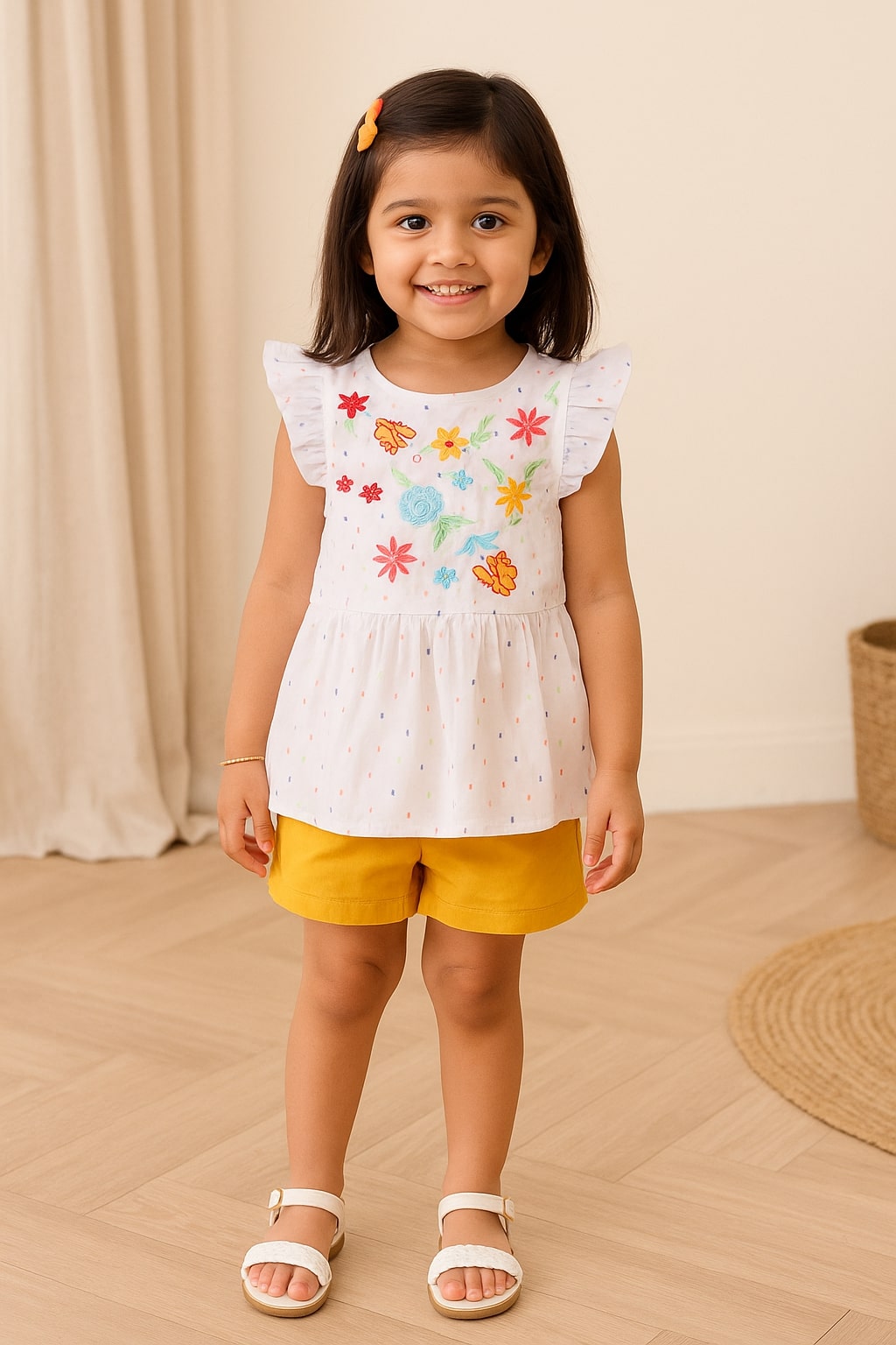 White girls sleeveless dress with colourful graphic print and flared hem