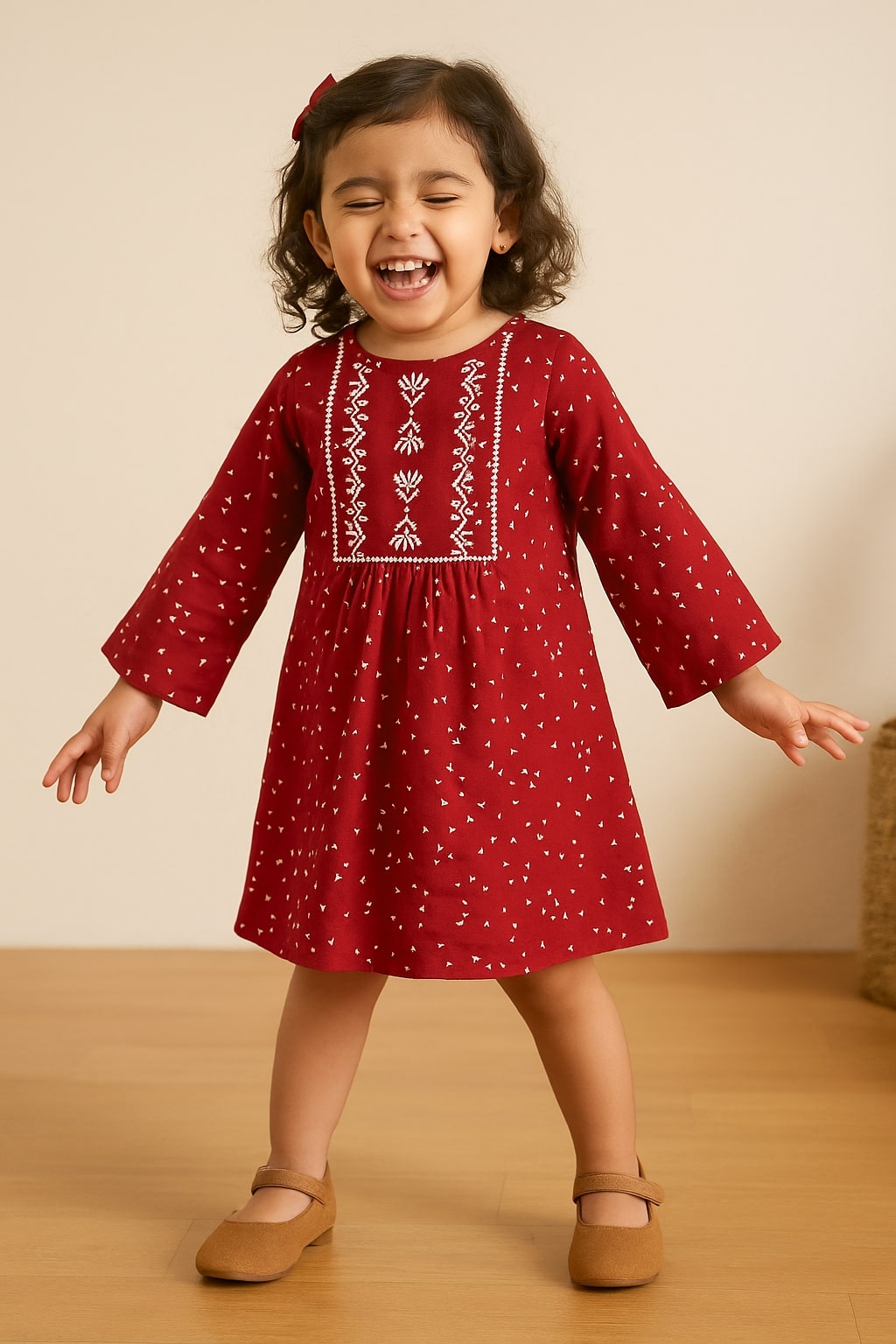 Girls Ethnic Printed Embroidered Dress