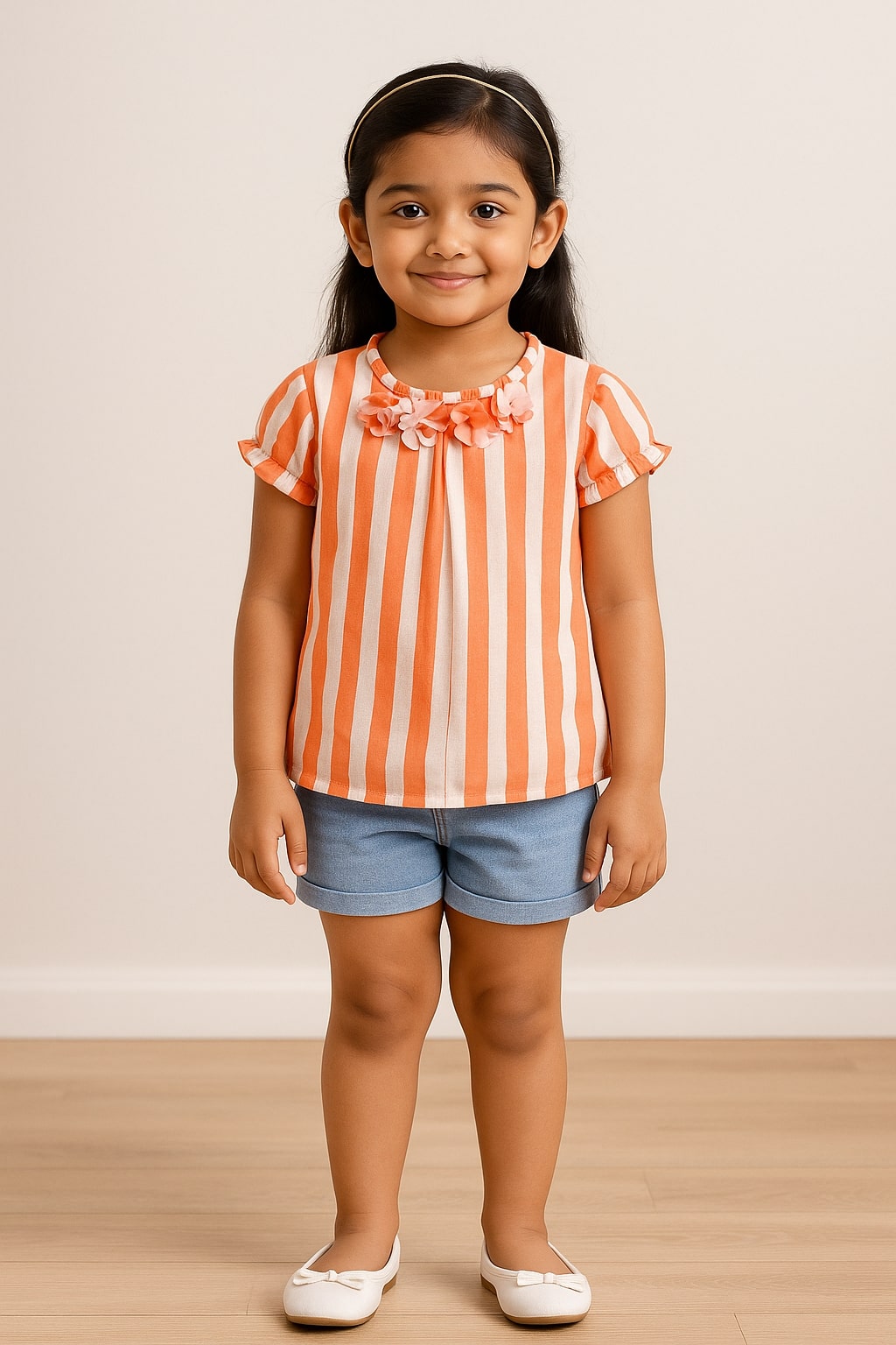 Orange and white striped girls short sleeve top with ruffle sleeves and gathered detailing