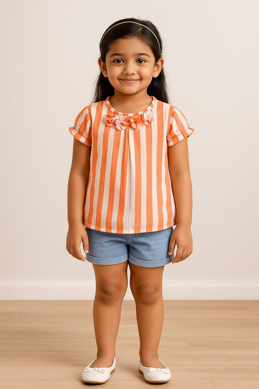 Orange and white striped girls short sleeve top with ruffle sleeves and gathered detailing