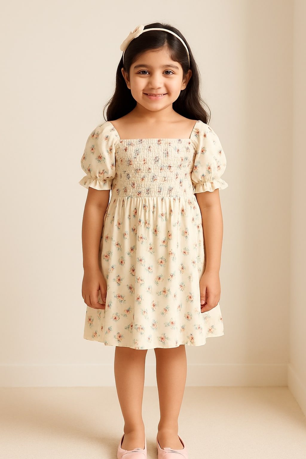 White girls short sleeve top with beige checked skirt co-ord set