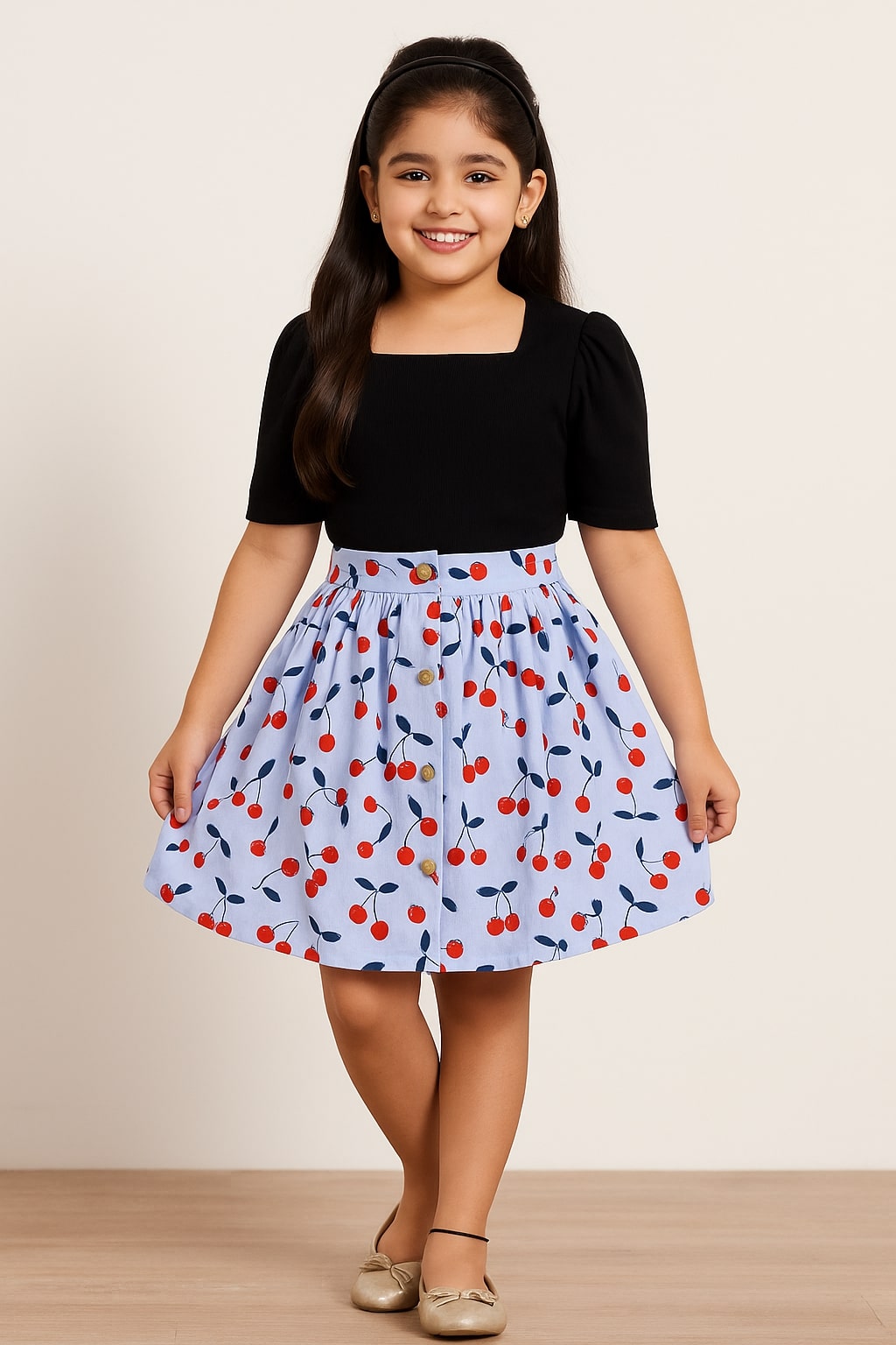 Navy blue girls floral printed top with white flared skirt