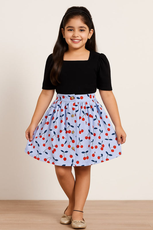 Navy blue girls floral printed top with white flared skirt