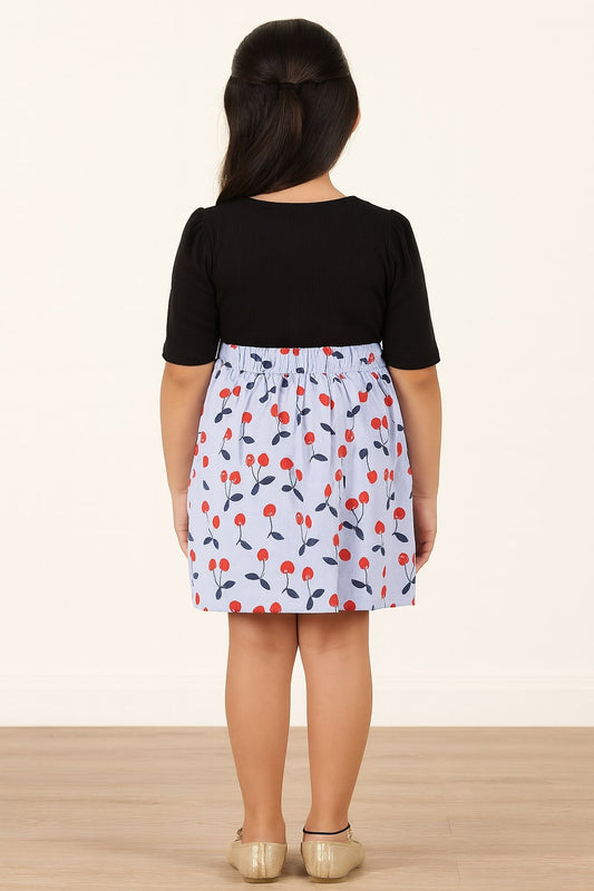 Navy blue girls floral printed top with white flared skirt
