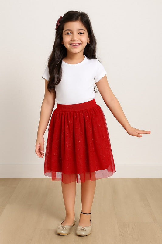 White top with red girls layered tulle skirt and ruffle detailing