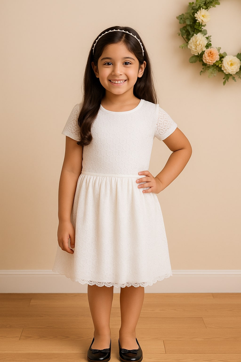 Grey girls short sleeve fit and flare dress with gathered waist and flared skirt