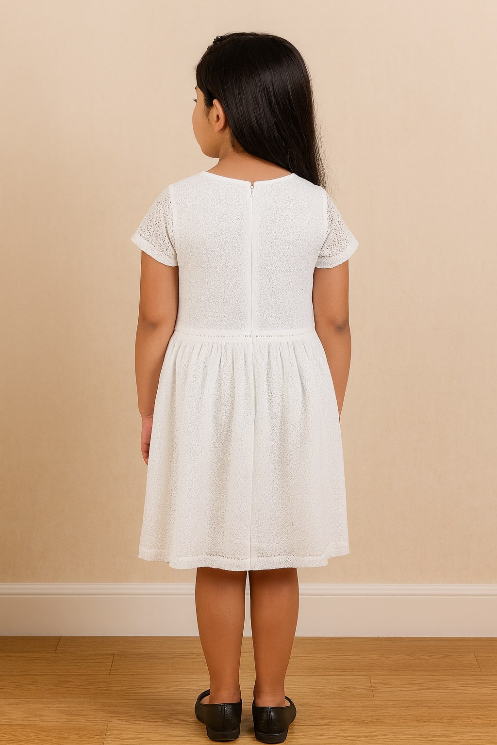 Grey girls short sleeve fit and flare dress with gathered waist and flared skirt