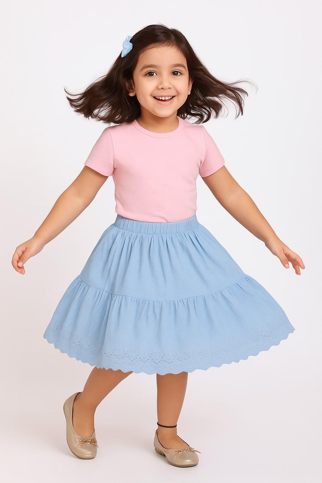 Black girls short sleeve top with blue flared skirt and gathered waist