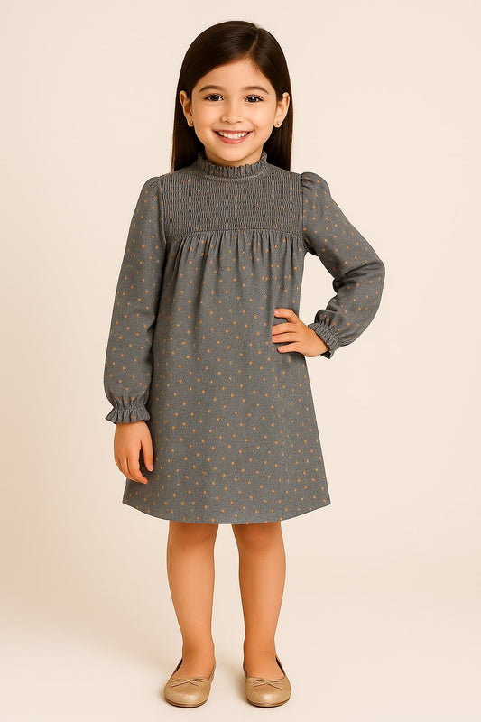 Grey girls long sleeve A-line dress with gathered waist and flared hem