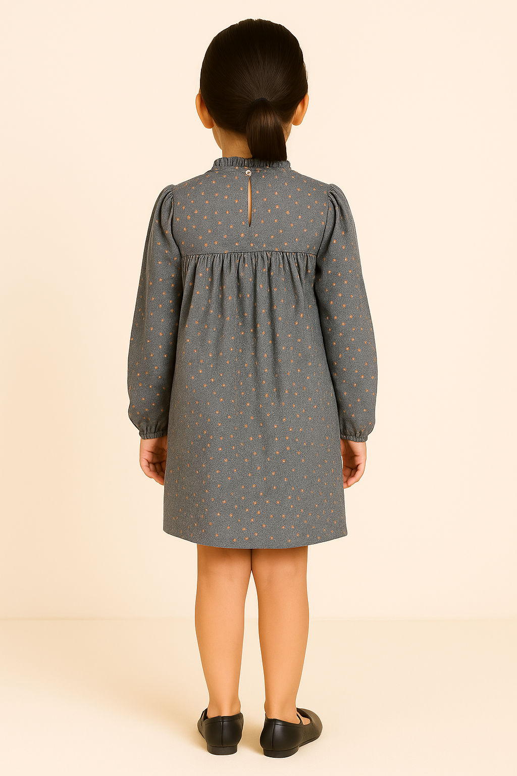 Grey girls long sleeve A-line dress with gathered waist and flared hem