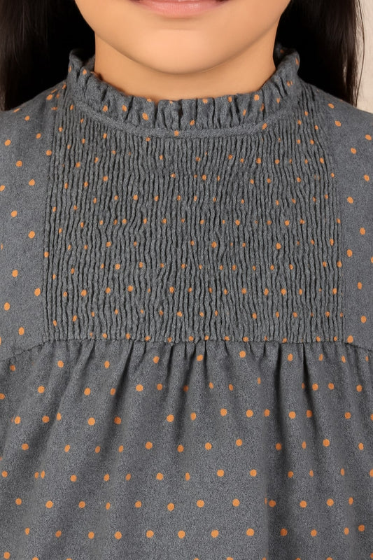 Grey girls long sleeve A-line dress with gathered waist and flared hem