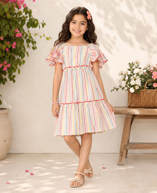 Pink and white striped girls co-ord set with ruffle sleeve top and matching shorts