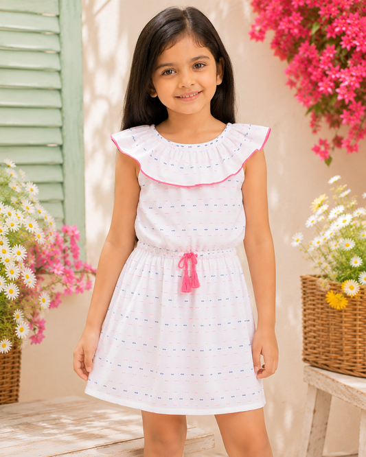 White and pink striped girls sleeveless dress with ruffle neckline and tassel detailing