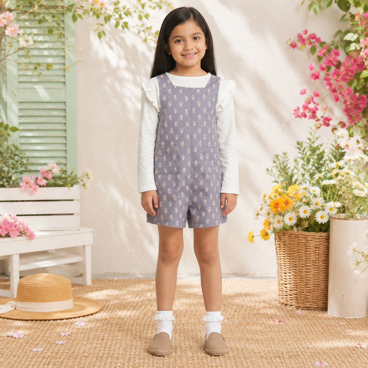 Grey checked girls sleeveless romper with shoulder straps and relaxed fit