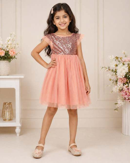 Coral pink girls off-shoulder dress with ruffle neckline and flared skirt