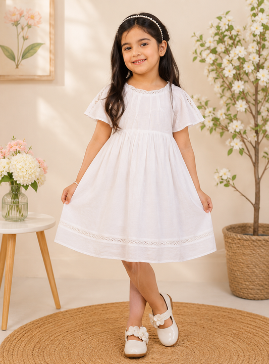 White girls short sleeve tiered dress with gathered waist and flared skirt