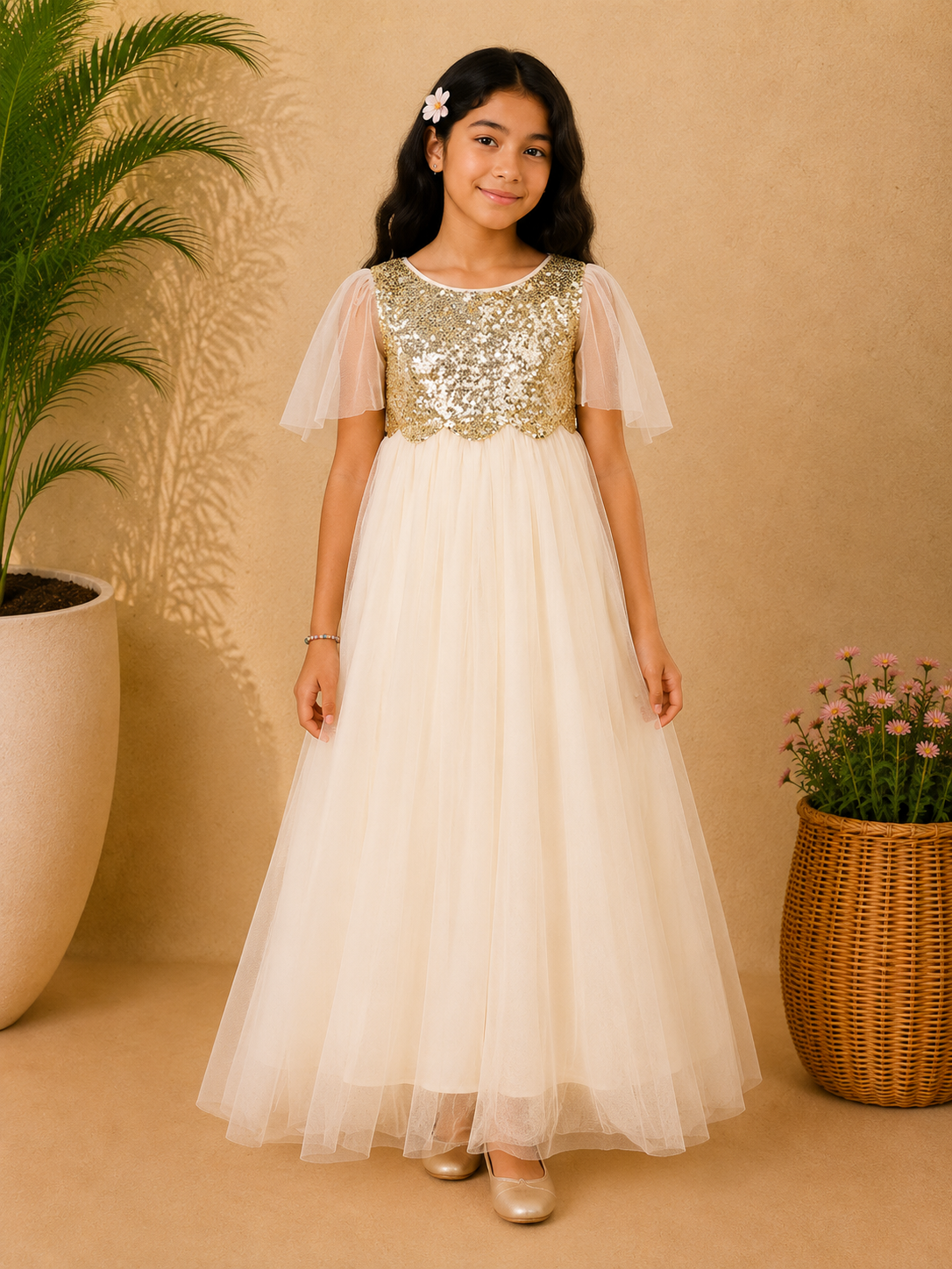 Cream girls short sleeve fit and flare dress with gathered waist and flowy skirt
