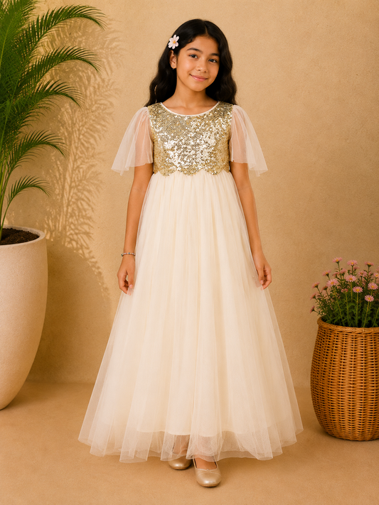 Cream girls short sleeve fit and flare dress with gathered waist and flowy skirt