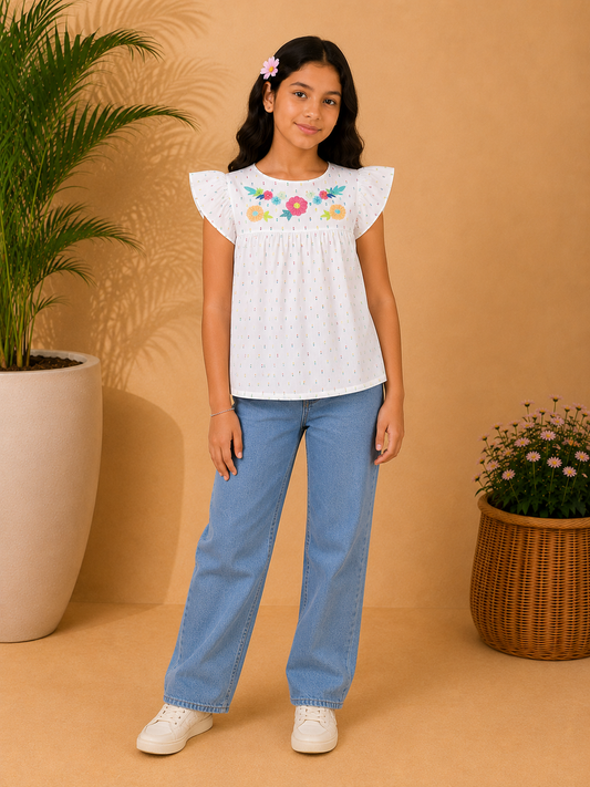 White girls short sleeve top with pink striped ruffle detailing and casual fit