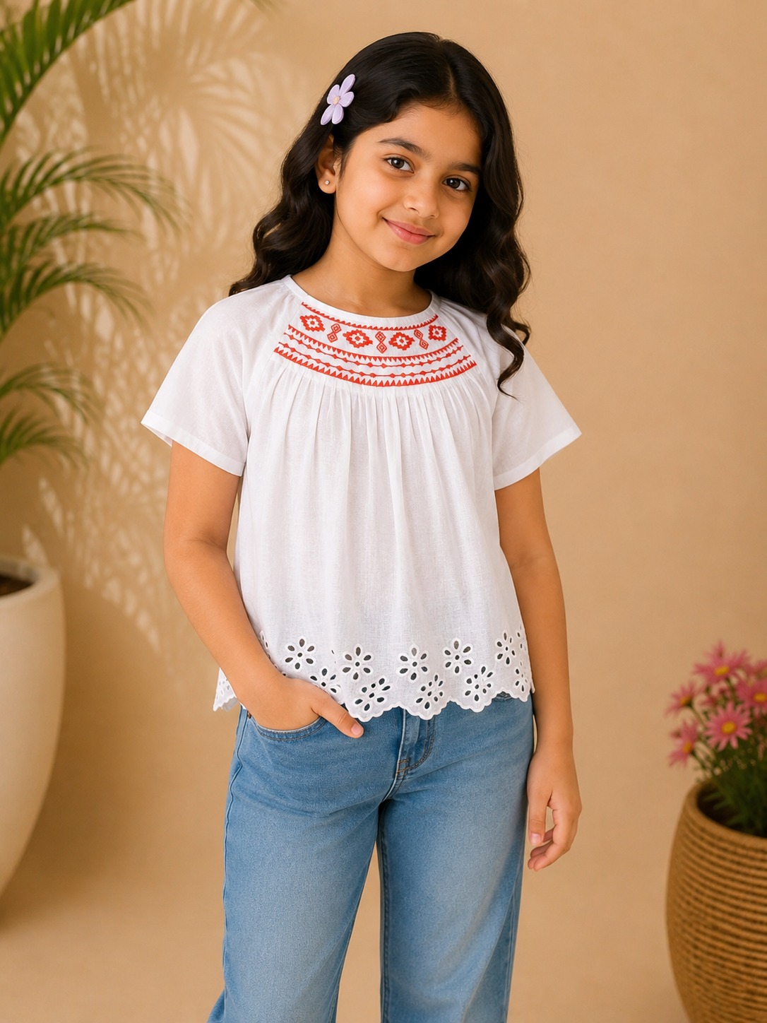 White and blue striped girls short sleeve dress with ruffle detailing and flared hem