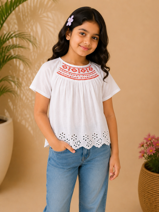 White and blue striped girls short sleeve dress with ruffle detailing and flared hem