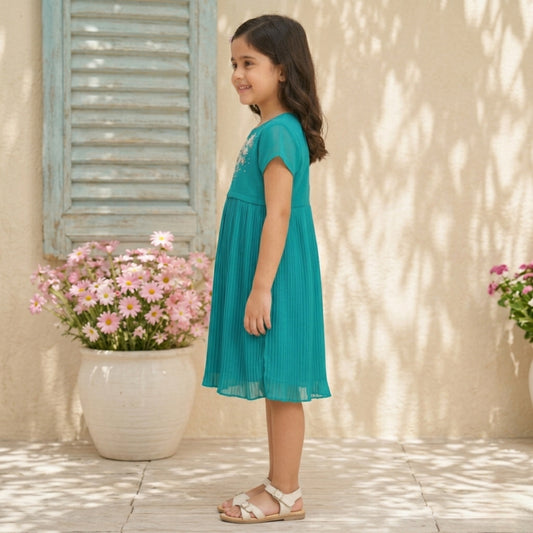 Teal green girls short sleeve dress with floral embroidery and gathered waist