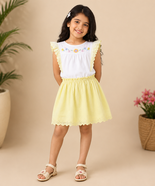 White girls sleeveless top with yellow striped skirt and gathered waist
