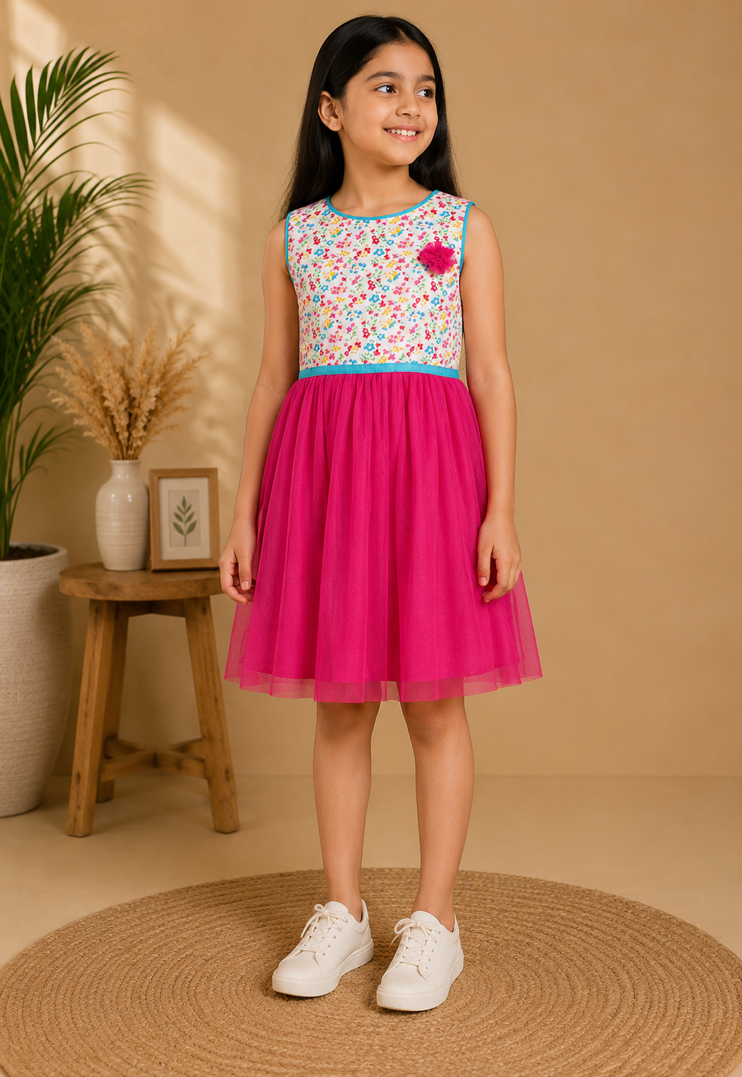 Pink girls sleeveless dress with floral bodice and layered ruffle skirt