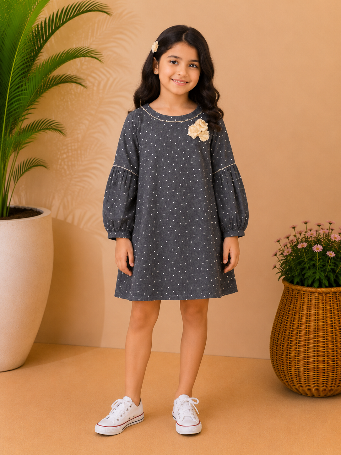 Black girls long sleeve A-line dress with grey striped detailing and flared hem
