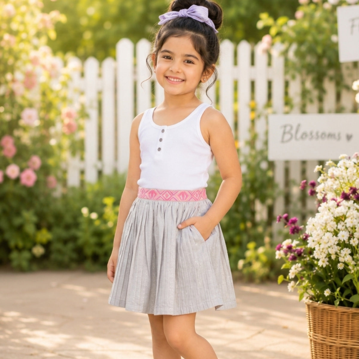 White girls pleated skirt with elasticated waist and flared hem