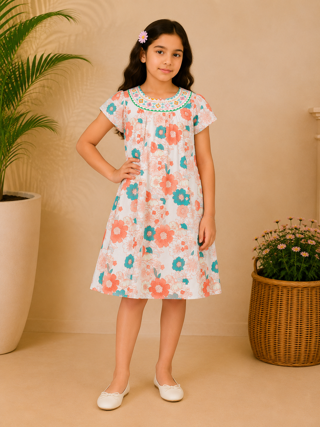 White girls floral printed short sleeve dress with colourful all-over print