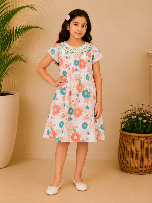 White girls floral printed short sleeve dress with colourful all-over print