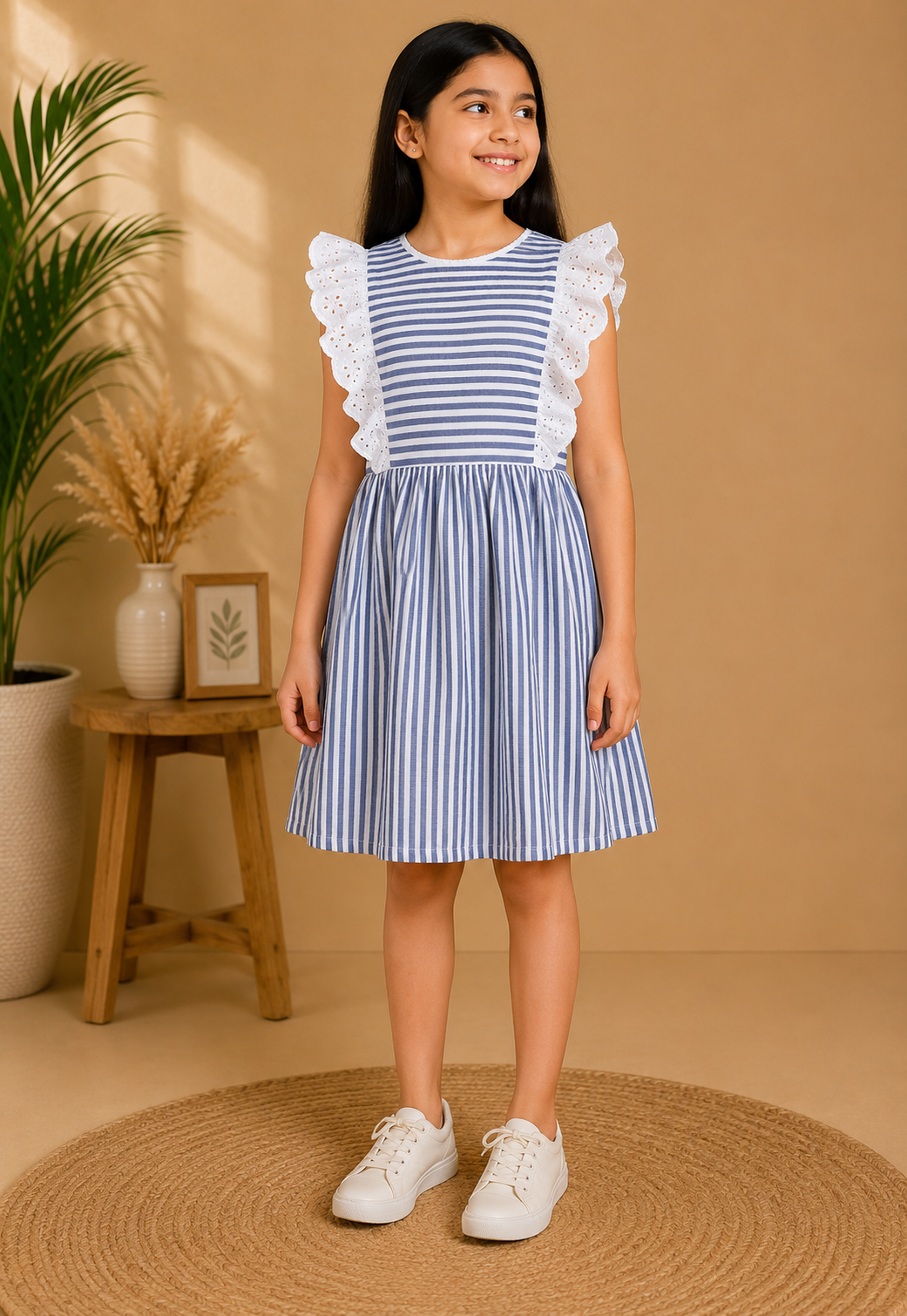 Blue and white striped girls sleeveless dress with gathered waist and flared hem