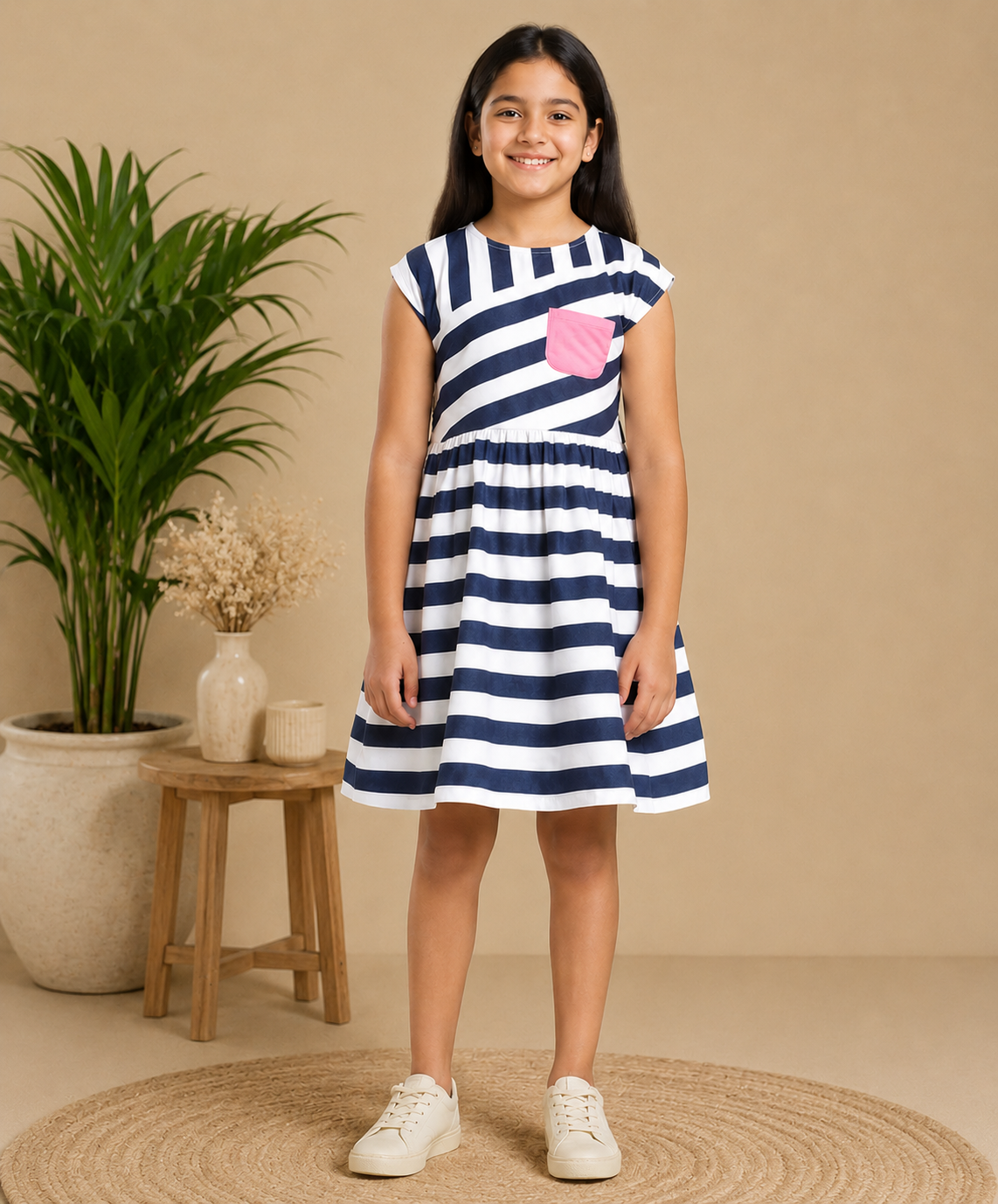Black and white striped girls short sleeve dress with pink floral detailing and flared hem