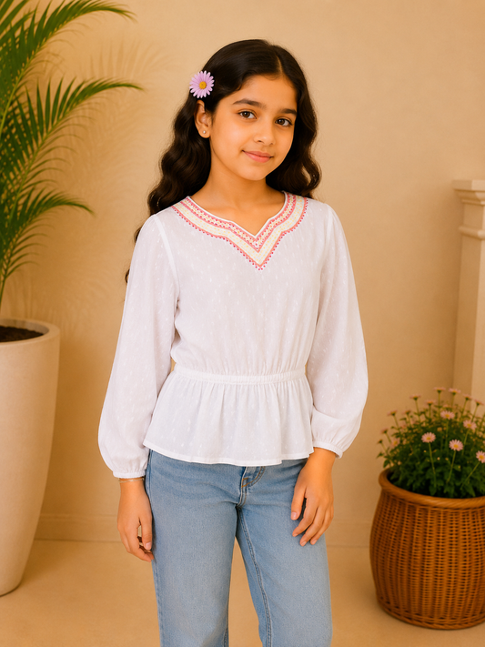 Girls Embroidered Peplum Long Sleeves Top