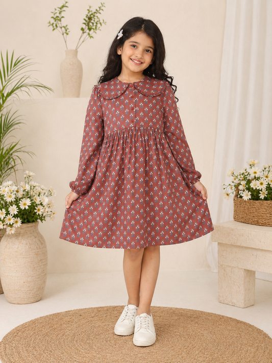 Brown checked girls flared skirt with gathered waist and pleated detailing
